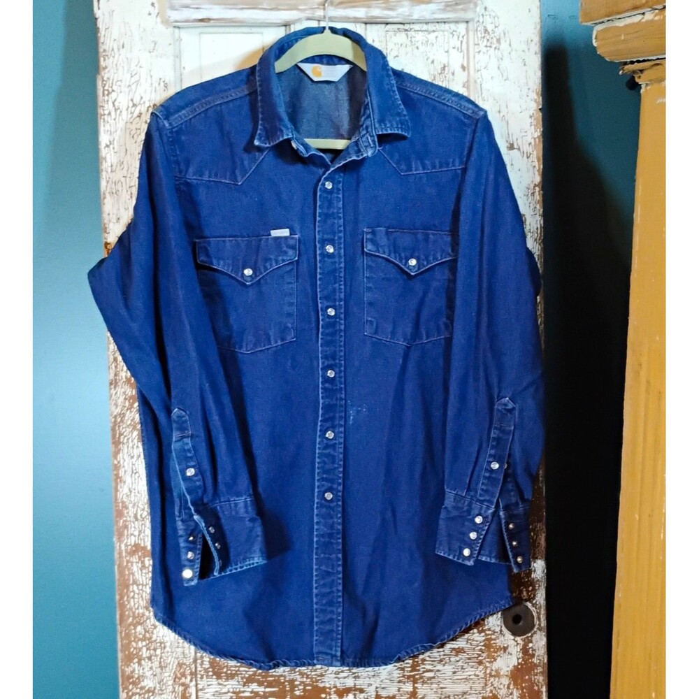 Vintage Carhartt Dark Blue Wash Denim Snap Button-Up Shirt Long Sleeve Mens L